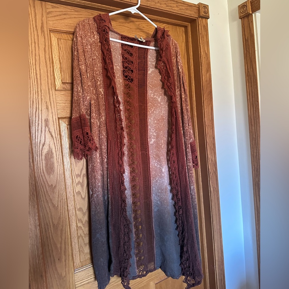 BKE Boutique Hooded Crochet Lace Kimono Cardigan -